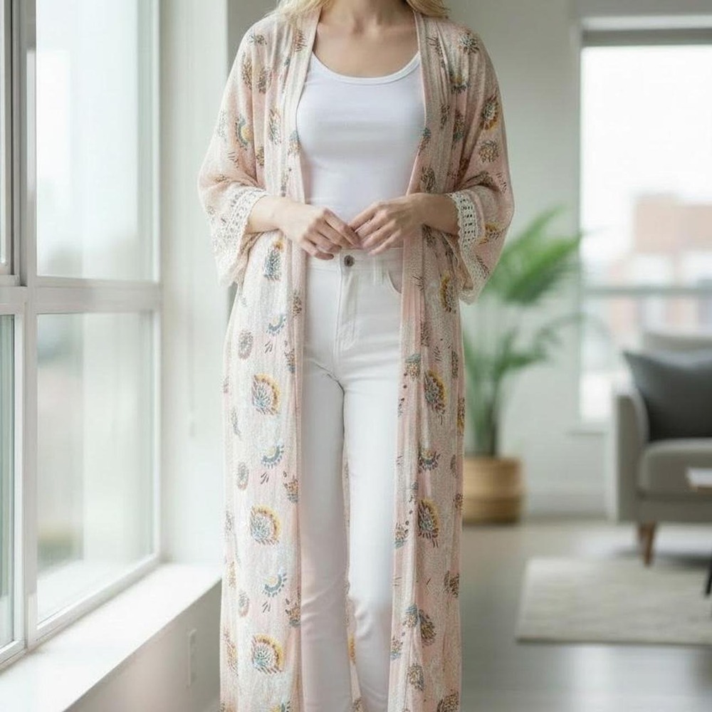 CJLA Pink Floral Maxi Duster Kimono Boho Whimsical Romantic Tiered Sleeve M/L